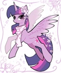 Size: 1723x2048 | Tagged: safe, artist:petaltwinkle, twilight sparkle, alicorn, butterfly, pony, g4, clothes, female, flower, flower in hair, flower in tail, lidded eyes, looking at you, mare, scarf, signature, simple background, smiling, smiling at you, solo, spread wings, tail, twilight sparkle (alicorn), white background, wings