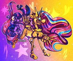 Size: 1448x1217 | Tagged: safe, artist:mrraapeti, sunny starscout, twilight sparkle, alicorn, earth pony, pony, g5, abstract background, gradient background, mane stripe sunny, race swap, sunnycorn, twilight sparkle (alicorn)