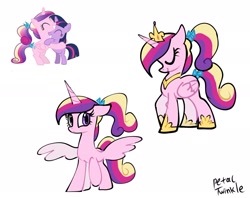 Size: 2048x1623 | Tagged: safe, artist:petaltwinkle, princess cadance, twilight sparkle, alicorn, pony, unicorn, g4, cute, cutedance, duo, eyes closed, female, filly, filly cadance, filly twilight sparkle, hug, reference included, signature, simple background, smiling, spread wings, teen princess cadance, teenager, twiabetes, unicorn twilight, white background, wings, younger