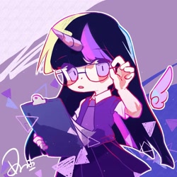 Size: 960x960 | Tagged: safe, artist:hedgehog29271, twilight sparkle, alicorn, human, g4, adjusting glasses, clipboard, clothes, cute, female, floating wings, glasses, horn, horned humanization, humanized, necktie, pleated skirt, school uniform, skirt, solo, twiabetes, twilight sparkle (alicorn), winged humanization, wings