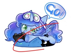 Size: 944x708 | Tagged: safe, artist:hedgehog29271, princess luna, alicorn, pony, g4, controller, dialogue, female, lying down, mare, prone, simple background, sleep mask, solo, speech bubble, white background