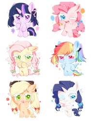 Size: 1500x2000 | Tagged: safe, artist:hedgehog29271, applejack, fluttershy, pinkie pie, rainbow dash, rarity, twilight sparkle, alicorn, earth pony, pegasus, pony, unicorn, semi-anthro, g4, alternate hairstyle, applejack's hat, arm hooves, bipedal, bow, braid, chest fluff, chibi, colored eyelashes, colored pupils, cowboy hat, female, group, hair bow, hat, looking at you, mane six, mare, one eye closed, pigtails, sextet, simple background, spread wings, twilight sparkle (alicorn), twintails, white background, wings, wink, winking at you