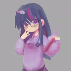Size: 2048x2048 | Tagged: safe, artist:hedgehog29271, twilight sparkle, human, g4, book, female, glasses, gray background, high res, horn, horned humanization, humanized, simple background, solo, winged humanization, wings