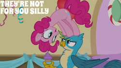 Size: 2000x1123 | Tagged: safe, edit, edited screencap, editor:quoterific, screencap, gallus, pinkie pie, g4, marks for effort, cupcake, food