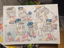 Size: 2048x1536 | Tagged: safe, artist:hedgehog29271, oc, oc only, earth pony, pony, braid, capelet, clothes, commission, female, hat, mare, scarf, snow, snowman, solo, traditional art