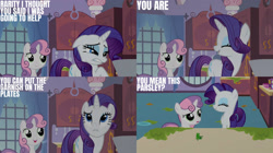 Size: 2000x1123 | Tagged: safe, edit, edited screencap, editor:quoterific, screencap, rarity, sweetie belle, pony, unicorn, g4, season 2, sisterhooves social, belle sisters, carousel boutique, female, filly, foal, horn, kitchen, mare, siblings, sisters