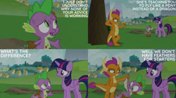 Size: 2000x1123 | Tagged: safe, edit, edited screencap, editor:quoterific, screencap, smolder, spike, twilight sparkle, alicorn, dragon, pony, father knows beast, g4, dirt, dirty, ponyville, tree, twilight sparkle (alicorn), winged spike, wings