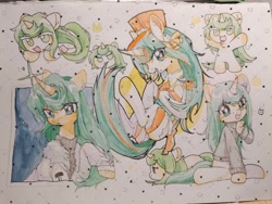 Size: 2048x1536 | Tagged: safe, artist:hedgehog29271, oc, oc only, pony, unicorn, bipedal, chest fluff, clothes, commission, curved horn, female, hat, horn, jacket, lying down, mare, prone, sitting, solo, sweater, traditional art