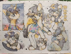 Size: 2048x1536 | Tagged: safe, artist:hedgehog29271, oc, oc only, pony, unicorn, bag, bipedal, cellphone, chest fluff, clothes, commission, hawaiian shirt, headphones, keyboard, lying down, male, phone, pillow, prone, shirt, sitting, smartphone, stallion, traditional art