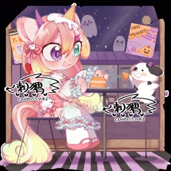 Size: 2048x2048 | Tagged: safe, artist:hedgehog29271, oc, oc only, original species, pony, bow, cake, clothes, commission, dress, female, food, fork, hair bow, hairclip, halloween, heterochromia, high res, holiday, hoof shoes, horns, ice cream, ice cream cone, ice cream horn, mare, sitting, wings