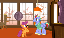 Size: 960x576 | Tagged: safe, artist:craftyallie, artist:morrisonnp, artist:roman-santos, bow hothoof, scootaloo, pegasus, pony, g4, adopted, adopted offspring, dialogue in the description, dojo, duo, father and child, father and daughter, female, filly, foal, male, parent:bow hothoof, scootadoption, scootalove, stallion