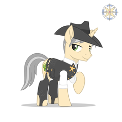 Size: 3000x3000 | Tagged: safe, artist:r4hucksake, oc, oc:dusty duke, pony, unicorn, g4, chaps, clothes, hat, high res, male, sheriff's badge, simple background, solo, stallion, transparent background
