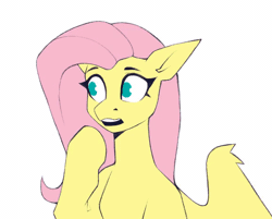 Size: 578x464 | Tagged: safe, artist:buvanybu, fluttershy, pegasus, pony, g4, animated, bust, female, gif, hoof over mouth, looking around, mare, no pupils, open mouth, pac-man eyes, simple background, solo, turning, white background, wings