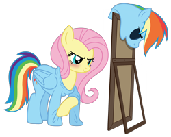 Size: 6239x5000 | Tagged: safe, artist:jennieoo, fluttershy, rainbow dash, pegasus, pony, g4, absurd resolution, blushing, bodysuit, clothes, commission, costume, disguise, female, fetish, impersonating, mare, mask, masking, mirror, pony costume, ponysuit, rainbow dash costume, rainbow dash suit, show accurate, simple background, solo, story included, transparent background, vector