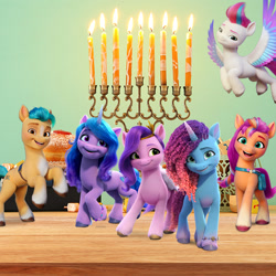 Size: 1080x1080 | Tagged: safe, hitch trailblazer, izzy moonbow, misty brightdawn, pipp petals, sunny starscout, zipp storm, earth pony, pegasus, pony, unicorn, g5, my little pony: make your mark, official, female, flying, hanukkah, judaism, looking at you, male, mane five, mane six (g5), mane stripe sunny, mare, open mouth, open smile, rebirth misty, royal sisters (g5), siblings, sisters, smiling, smiling at you, spread wings, stallion, wings