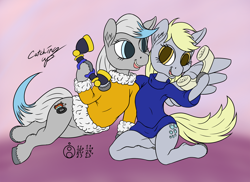 Size: 1500x1090 | Tagged: safe, alternate version, artist:sepiakeys, derpy hooves, oc, oc:dizzy doo, pony, g4, clothes, phone, sweater