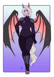 Size: 2456x3472 | Tagged: safe, alternate version, artist:blackblood-queen, oc, oc only, oc:violet thorn, bat pony, anthro, unguligrade anthro, anthro oc, bat pony oc, breasts, clothes, commission, digital art, fangs, female, gradient background, high res, mare, night guard, slit pupils, smiling, solo, uniform