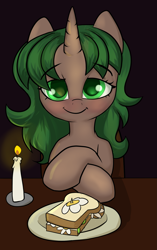Size: 1919x3048 | Tagged: safe, artist:dumbwoofer, oc, oc only, oc:pine shine, pony, unicorn, blushing, candle, candlelight, daffodil and daisy sandwich, female, flower, food, herbivore, looking at you, mare, sandwich, sitting, smiling, smiling at you, solo, table