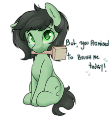 Size: 3804x4173 | Tagged: safe, artist:dumbwoofer, oc, oc only, oc:filly anon, pony, bronybait, brush, brush request, chest fluff, crying, cute, ear fluff, female, filly, foal, looking at you, messy mane, mouth hold, one ear down, sad, sadorable, simple background, sitting, solo, teary eyes, text, transparent background