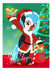 Size: 3654x5000 | Tagged: safe, artist:jhayarr23, oc, oc only, oc:icebeak, classical hippogriff, hippogriff, bipedal, candy, candy cane, christmas, christmas tree, clothes, commission, costume, food, hat, holding, holiday, present, santa costume, santa hat, tree, ych result