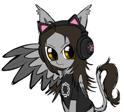 Size: 5000x4500 | Tagged: safe, artist:cactuscruncher, derpibooru exclusive, half-sphinx, hybrid, pony, absurd resolution, blank expression, brown hair, brown mane, cat ear headphones, chest fluff, clothes, colored wings, colored wingtips, cutie mark on clothes, ear tufts, folded wing, gray coat, half body, headphones, looking at you, male, noah sebastian, ponified, sharp teeth, shirt, simple background, sitting, slit pupils, solo, stallion, t-shirt, teeth, transparent background, wing gesture, wings, yellow eyes