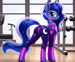 Size: 2320x1920 | Tagged: safe, ai assisted, ai content, artist:dovakkins, derpibooru exclusive, generator:easyfluff v11.2, princess luna, alicorn, pony, g4, blushing, butt, clothes, female, gym, horn, latex, latex suit, looking at you, looking back, looking back at you, mare, moonbutt, plot, smiling, smiling at you, solo, teeth