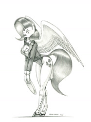 Size: 950x1267 | Tagged: safe, artist:baron engel, fluttershy, pegasus, anthro, unguligrade anthro, g4, breasts, busty fluttershy, butler, cleavage, clothes, female, high-cut clothing, leotard, mare, monochrome, pencil drawing, traditional art