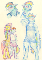 Size: 903x1272 | Tagged: safe, artist:matuska, fluttershy, rainbow dash, pegasus, anthro, unguligrade anthro, g4, arm around neck, blushing, clothes, colored pencil drawing, duo, female, floppy ears, height difference, lesbian, midriff, overalls, ship:flutterdash, shipping, shorts, sports bra, sports shorts, thighs, traditional art