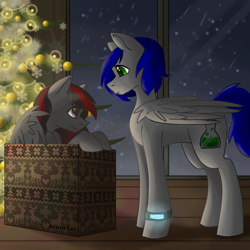 Size: 1280x1280 | Tagged: safe, oc, oc:mb midnight breeze, oc:se solar eclipse, pegasus, pony, box, christmas, christmas tree, commission, happy new year, holiday, pony in a box, present, snow, snowfall, tree, window, ych result