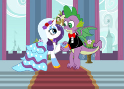 Size: 1280x927 | Tagged: safe, artist:rubyponywolf22, rarity, spike, dragon, pony, unicorn, g4, blushing, bowtie, clothes, dress, duo, eyeshadow, female, flower, flower in hair, grin, holding hoof, jewelry, makeup, male, older, older spike, ring, ship:sparity, shipping, smiling, straight, suit, wedding dress, wedding ring, winged spike, wings