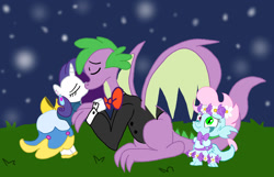Size: 1280x824 | Tagged: safe, artist:rubyponywolf22, rarity, spike, oc, oc:lapis, dracony, dragon, hybrid, pony, unicorn, g4, bowtie, clothes, crying, cute, daaaaaaaaaaaw, dress, ear piercing, earring, eyes closed, female, flower, flower girl, flower girl dress, flower in hair, interspecies offspring, jewelry, kissing, male, married couple, night, offspring, older, older spike, parent:rarity, parent:spike, parents:sparity, piercing, ship:sparity, shipping, starry night, story included, straight, suit, tears of joy, trio, wedding dress, winged spike, wings