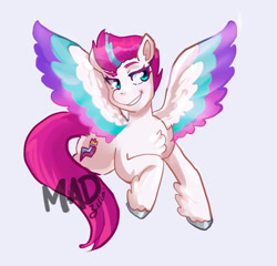 Size: 862x827 | Tagged: safe, artist:madzilla, zipp storm, pegasus, pony, g5, chest fluff, colored wings, feathered fetlocks, female, flying, mare, multicolored wings, smiling, solo, wings
