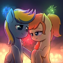 Size: 1200x1200 | Tagged: safe, artist:harukiicat, oc, oc only, earth pony, pony, duo, fireworks, love, night, simple background