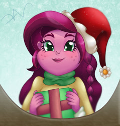 Size: 1570x1640 | Tagged: safe, artist:swasfews, gloriosa daisy, human, equestria girls, g4, christmas, clothes, cute, female, freckles, hat, holiday, looking at you, present, santa hat, scarf, smiling, solo