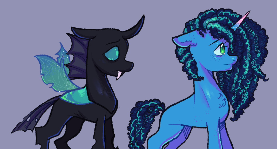 [changeling,chest fluff,colored,duo,eyelashes,fangs,frown,g4,g5,pony,ribs,safe,standing,tail,unicorn,thin,lacrimal caruncle,gradient hooves,concave belly,quadrupedal,curly mane,thorax,curly tail,looking forward,artist:kreeeeeez,sternocleidomastoid,misty brightdawn]
