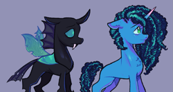 Size: 1149x618 | Tagged: safe, artist:kreeeeeez, misty brightdawn, thorax, changeling, pony, unicorn, g4, g5, chest fluff, colored, concave belly, curly mane, curly tail, duo, eyelashes, fangs, frown, gradient hooves, lacrimal caruncle, looking forward, quadrupedal, ribs, standing, sternocleidomastoid, tail, thin