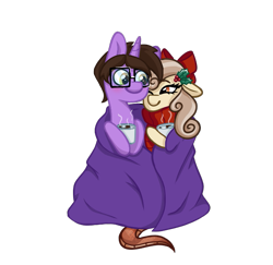 Size: 605x588 | Tagged: artist needed, source needed, safe, oc, oc only, oc:dandelion "buttercup", oc:rapid pixel, lamia, original species, pony, unicorn, blanket, bow, chocolate, cuddling, duo, duo male and female, female, food, glasses, hair bow, hot chocolate, male, marshmallow, simple background, smiling, snuggling, tail, tail sticking out, transparent background