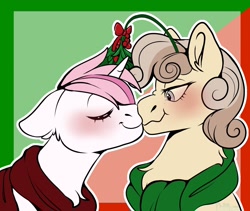 Size: 2048x1725 | Tagged: safe, artist:diethtwoo, oc, oc:dandelion "buttercup", oc:sweet irony, pony, unicorn, blushing, christmas, clothes, cute, duo, eyes closed, female, holiday, kiss on the lips, kissing, lidded eyes, mare, mistleholly, scarf, simple background, smiling