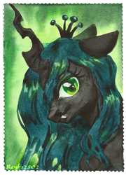 Size: 941x1307 | Tagged: safe, artist:tigra0118, queen chrysalis, changeling, changeling queen, pony, g4, bust, looking at you, portrait, solo, traditional art, watercolor painting