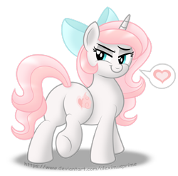 Size: 1600x1580 | Tagged: safe, artist:aleximusprime, oc, oc only, oc:sweetheart, pony, unicorn, bedroom eyes, bow, butt, commission, female, flirting, hair bow, heart, horn, looking back, mare, plot, simple background, smiling, solo, speech bubble, transparent background, unicorn oc