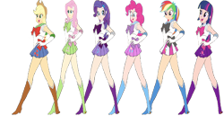 Size: 1024x528 | Tagged: safe, artist:mrtoonlover83, applejack, fluttershy, pinkie pie, rainbow dash, rarity, twilight sparkle, equestria girls, g4, 1000 hours in ms paint, background removed, boots, clothes, cowboy hat, gloves, hat, high heel boots, humane five, humane six, sailor applejack, sailor fluttershy, sailor moon (series), sailor moon boots, sailor pinkie pie, sailor rainbow dash, sailor rarity, sailor senshi, sailor twilight, sailor uniform, shirt, shoes, simple background, skirt, transparent background, uniform, wrong aspect ratio