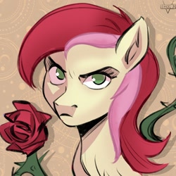 Size: 1000x1000 | Tagged: safe, artist:vtekkon, roseluck, earth pony, pony, g4, abstract background, bust, flower, frown, looking at you, rose, solo, vine
