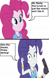 Size: 1590x2520 | Tagged: safe, artist:homersimpson1983, edit, edited screencap, screencap, pinkie pie, rarity, human, equestria girls, g4, armpits, background removed, bracelet, breasts, bust, clothes, comic, darling, dialogue, dress, female, hair, hair dryer, happy, holding, jewelry, makeup, nervous, pinkie pie hair, rarity peplum dress, screencap comic, shirt, shocked, shocked expression, simple background, sleeveless, sleeveless dress, smiling, speech bubble, teenager, teeth, vest, white background, wide eyes