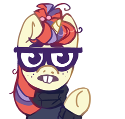 Size: 1350x1280 | Tagged: safe, artist:roofoos_rebirth, moondancer, pony, unicorn, g4, bucktooth, clothes, commission, female, freckles, glasses, mare, meme, nerd, ponified meme, raised hoof, simple background, solo, sweater, transparent background, ych result, 🤓