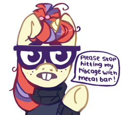 Size: 1350x1280 | Tagged: safe, alternate version, artist:roofoos_rebirth, moondancer, pony, unicorn, g4, bucktooth, clothes, commission, female, freckles, glasses, mare, meme, nerd, ponified meme, raised hoof, simple background, solo, sweater, text, transparent background, ych result, 🤓