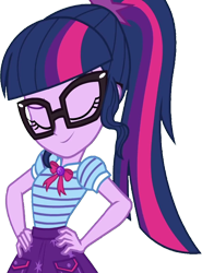 Size: 1869x2520 | Tagged: safe, edit, edited screencap, editor:homersimpson1983, screencap, sci-twi, twilight sparkle, human, equestria girls, g4, background removed, breasts, bust, clothes, eyebrows, eyes closed, female, glasses, hair, hand on hip, not a vector, ponytail, puffy sleeves, raised eyebrow, shirt, simple background, skirt, smiling, solo, teenager, transparent background