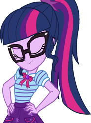 Size: 1869x2520 | Tagged: safe, edit, edited screencap, editor:mrtoonlover83, screencap, sci-twi, twilight sparkle, human, equestria girls, g4, background removed, breasts, bust, clothes, eyebrows, eyes closed, female, glasses, hair, hand on hip, not a vector, ponytail, puffy sleeves, raised eyebrow, shirt, simple background, skirt, smiling, solo, teenager, transparent background