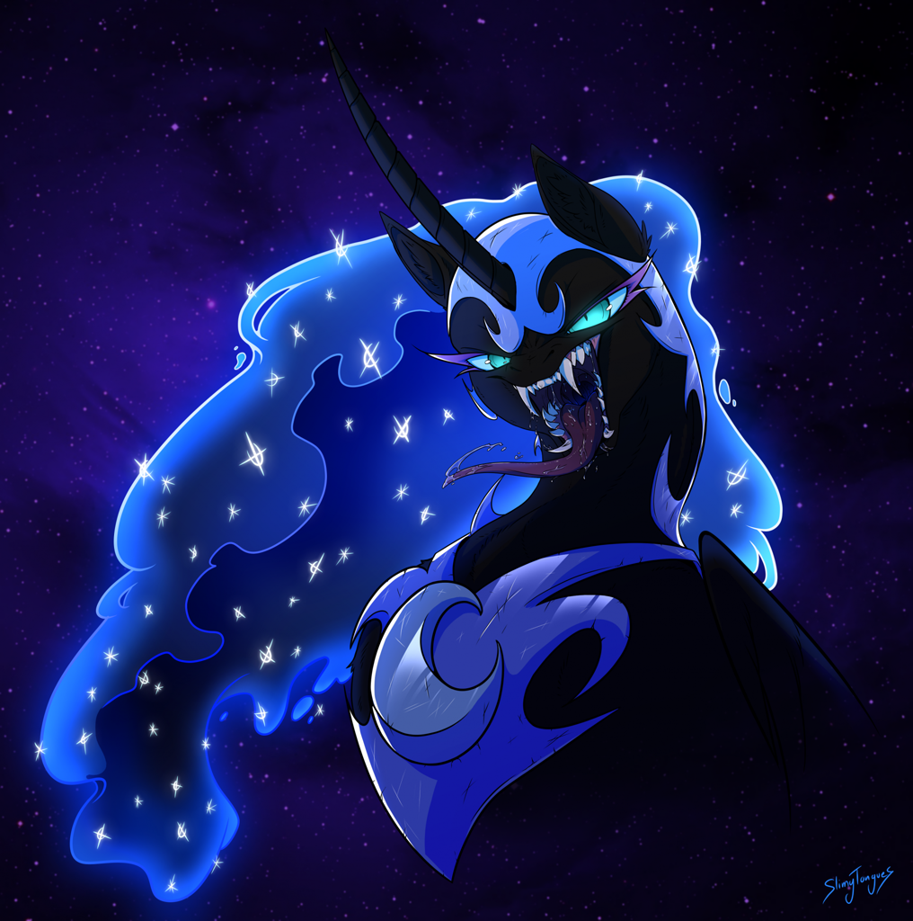 [alicorn,drool,fangs,female,g4,glowing,glowing eyes,glowing mane,helmet,jewelry,long mane,looking at you,mare,nightmare moon,open mouth,pony,safe,sharp teeth,signature,solo,teeth,throat,uvula,regalia,tongue out,long tongue,ethereal mane,mawshot,starry mane,peytral,artist:slimytongues,slit pupils,glowing throat]