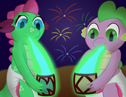 Size: 3200x2469 | Tagged: safe, artist:sweetielover, spike, oc, oc:goldigony, dragon, g4, candle, diaper, diaper fetish, dragoness, dragonfire, duo, female, fetish, fire, fire breath, fireworks, high res, lantern, male, night