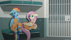 Size: 1920x1080 | Tagged: safe, artist:willoillo, fluttershy, rainbow dash, pegasus, pony, g4, bed, bound wings, bunk bed, butt, chains, clothes, commission, cuffed, duo, jail, jail cell, jumpsuit, never doubt rainbowdash69's involvement, plot, prison, prison outfit, prisoner fs, prisoner rd, shackles, unshorn fetlocks, wings